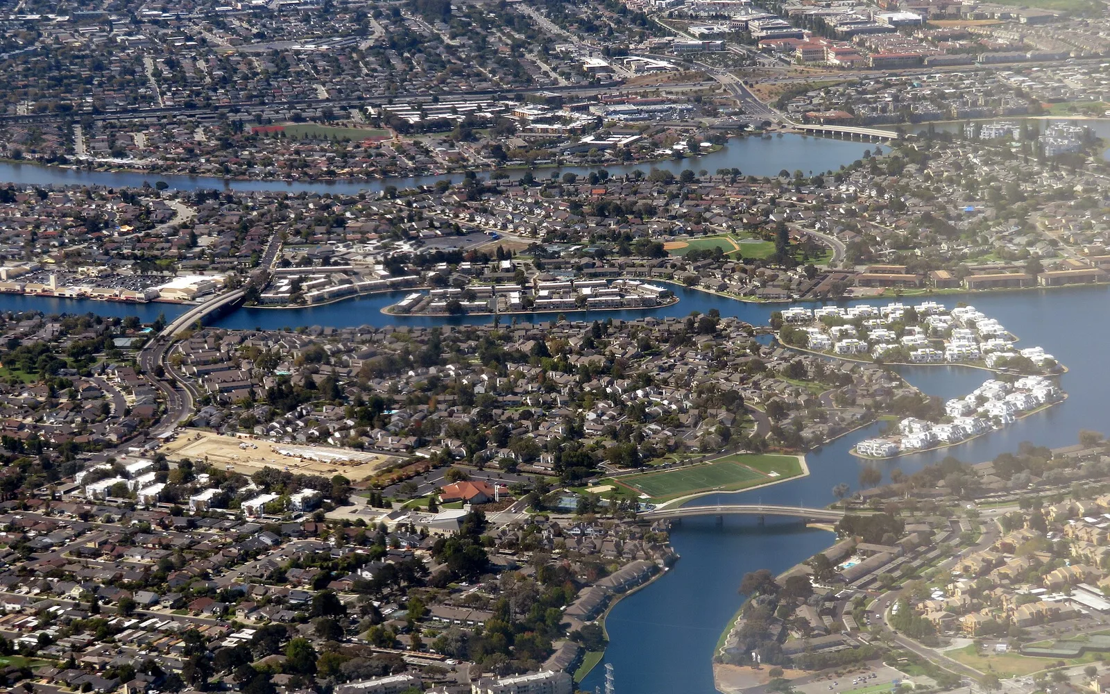 Aerial view of Foster City and its lagoons in September 2019.